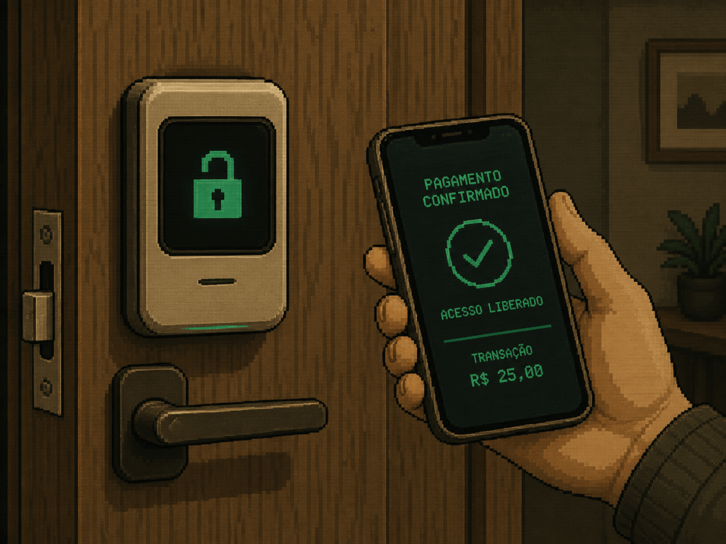 Fechadura digital sendo liberada automaticamente após confirmação de pagamento via smart contract
