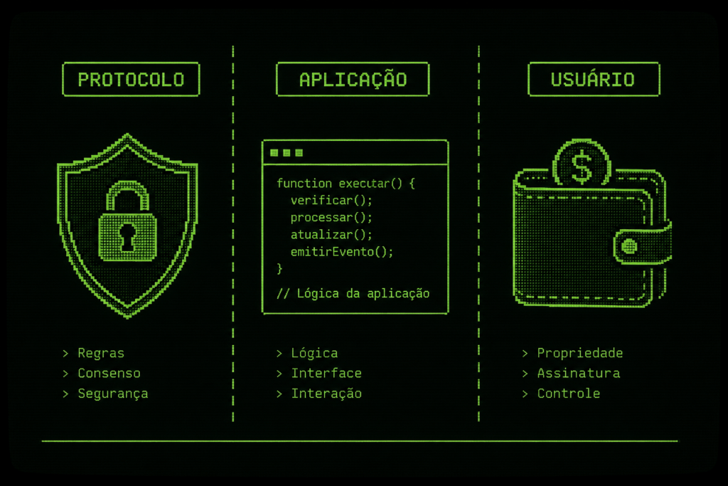 Ilustração mostrando as três camadas de segurança no Ethereum: protocolo, aplicação e usuário.