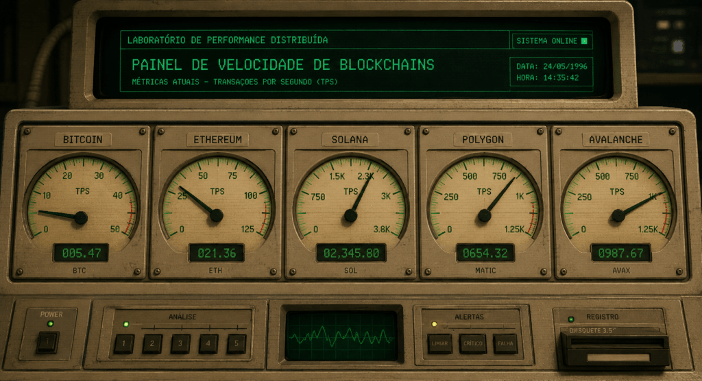 Painel retro com medidores analógicos comparando a velocidade de diferentes blockchains que suportam smart contracts