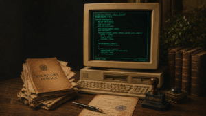 Computador retro estilo anos 90 exibindo um smart contract em tela verde terminal, ao lado de itens de cartório tradicional como carimbo e caneta