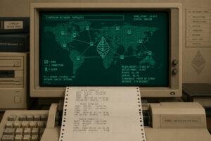 Computador retrô exibindo uma rede descentralizada representando a Ethereum
